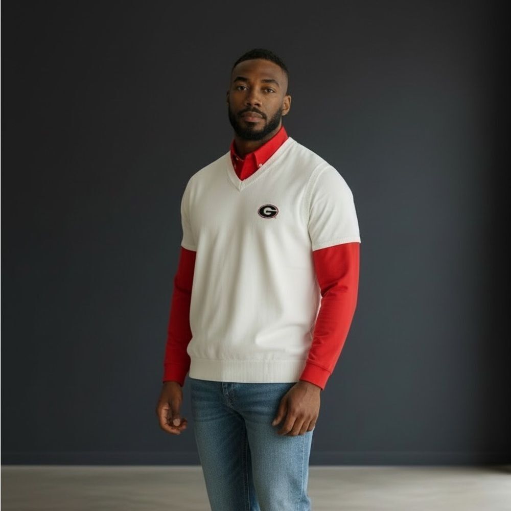 Crable Sportswear White V-Neck Sweater Vest XXL 100% Cotton “G” Logo Patch